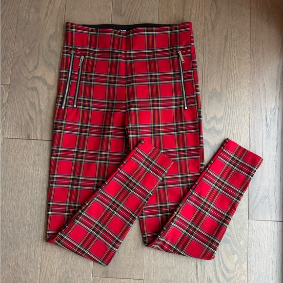 EUC Zara red and black plaid skinny pants with zipper accents - Size small - Picture 2 of 6